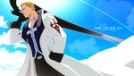  aya_(pixiv73672) blonde_hair blue_eyes character_name cloud coat copyright_name day final_fantasy final_fantasy_viii gloves jewelry male_focus necklace scar seifer_almasy sky solo sword weapon 