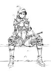  armor bikini_armor boots breasts commentary_request dagger feathers greyscale helmet monochrome navel nisetanaka original revealing_clothes sitting solo sword thigh_boots thighhighs weapon 