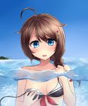  adapted_costume ahoge beach bikini black_bikini blue_eyes blush braid breasts brown_hair cleavage collarbone day eyebrows eyebrows_visible_through_hair hair_flaps hair_ornament hairpin highres kantai_collection long_hair looking_at_viewer medium_breasts neit_ni_sei open_mouth outdoors palm_tree partially_submerged plant red_ribbon remodel_(kantai_collection) ribbon shigure_(kantai_collection) shore single_braid solo summer sweatdrop swimsuit tree untied untied_bikini wardrobe_malfunction wat water_drop water_surface 