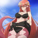  big_breasts bikini blush breasts clothed clothing clothing_lift female flashing hair hairclip lamia long_hair miia_(monster_musume) monster_girl monster_musume one_eye_closed pointy_ears poncho_(artist) pose red_hair skirt skirt_lift smile solo swimsuit yellow_eyes 