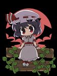  backlighting bangs bat_wings black_background blue_hair bow brick_wall chibi dress eyebrows eyebrows_visible_through_hair frilled_shirt_collar frills full_body hat hat_ribbon mob_cap moon night night_sky osaragi_mitama plant puffy_short_sleeves puffy_sleeves red_bow red_eyes red_moon red_ribbon remilia_scarlet ribbon short_hair short_sleeves sitting sky smile solo touhou vines wings wrist_cuffs 