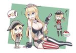  biscuit bismarck_(kantai_collection) blonde_hair blue_eyes brand_name_imitation breasts chocolate cleavage elbow_gloves familymart fingerless_gloves food full_body garter_straps gloves hat iowa_(kantai_collection) kantai_collection large_breasts long_hair miniskirt multiple_girls pokasu prinz_eugen_(kantai_collection) skirt snickers star star-shaped_pupils symbol-shaped_pupils thighhighs younger zettai_ryouiki 