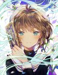  antenna_hair bad_id bad_pixiv_id brown_hair cardcaptor_sakura clow_card dangmill flower green_eyes highres kinomoto_sakura lily_(flower) looking_at_viewer short_hair solo star star-shaped_pupils symbol-shaped_pupils windy_(clow_card) 