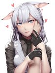  animal_ears black_gloves blue_eyes blue_hair breasts fox_ears gloves half_gloves hand_on_another's_cheek hand_on_another's_face heart kageshio_(276006) long_hair looking_at_viewer medium_breasts necktie original parted_lips pov sekka_(kageshio) simple_background smile solo_focus tail teeth vest white_background 