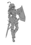  armor bikini bikini_armor boots breasts cleavage commentary_request covered_nipples feathers garter_straps gauntlets greyscale helmet large_breasts long_hair micro_bikini monochrome navel nisetanaka original revealing_clothes shield solo swimsuit sword thigh_boots thighhighs weapon 