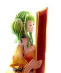  bare_shoulders black_ribbon breasts choker cleavage closed_eyes crying dress evillious_nendaiki flower frame frills glassred_no_shouzou_(vocaloid) green_hair gumi gumina_glassred highres holding imminent_kiss kissing_picture orange_dress portrait_(object) ribbon seasnow short_hair side_ponytail sidelocks tears vocaloid 