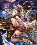  77gl animal_ears anklet backless_outfit bad_id bad_pixiv_id barefoot breasts detached_sleeves dress dual_wielding erune fan flying_sweatdrops fox_ears fox_tail full_moon fur_trim granblue_fantasy grey_eyes holding jewelry large_breasts long_hair long_sleeves looking_at_viewer moon night red_dress sideboob silver_hair sky socie_(granblue_fantasy) solo tail town very_long_hair wide_sleeves 