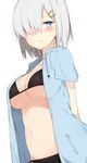  arms_behind_back bikini black_bikini blue_eyes blush breasts cole collarbone hair_ornament hair_over_one_eye hairclip hamakaze_(kantai_collection) highres jacket jacket_over_swimsuit kantai_collection large_breasts looking_away navel open_clothes open_jacket short_sleeves silver_hair simple_background solo string_bikini sweat swimsuit white_background 