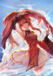  bare_shoulders blue_sky breasts brown_hair character_name china_dress chinese_clothes day detached_sleeves dress guilty_gear highres kuradoberi_jam long_hair medium_breasts pose sidelocks sindomizuki skirt sky smile solo wading water wide_sleeves 