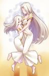  bad_id bad_pixiv_id barefoot breasts cleavage closed_eyes dress fate/stay_night fate/zero fate_(series) highres hug illyasviel_von_einzbern irisviel_von_einzbern large_breasts long_dress long_hair long_legs matching_outfit mother_and_daughter multiple_girls red_eyes shimo_(s_kaminaka) silver_hair very_long_hair white_dress 