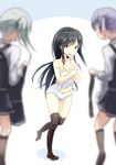  asashio_(kantai_collection) back bare_shoulders belt black_hair black_legwear blue_eyes blue_panties blurry bow bow_panties camisole collarbone dress grey_hair holding_clothes kantai_collection kasumi_(kantai_collection) kneehighs long_hair long_sleeves looking_at_viewer moonstar multiple_girls navel ooshio_(kantai_collection) open_mouth panties remodel_(kantai_collection) school_uniform side_ponytail sleeveless sleeveless_dress strap_slip suspenders twintails underwear underwear_only 