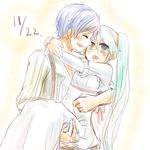  1girl adam_moonlit aqua_eyes aqua_hair blue_hair carrying couple dress eve_moonlit evillious_nendaiki hair_ribbon hands_clasped hatsune_miku hetero hug husband_and_wife kaito laughing long_hair majo_salmhofer_no_toubou_(vocaloid) moonlit_bear_(vocaloid) open_clothes open_shirt own_hands_together princess_carry ribbon seasnow shirt short_hair sketch smile striped striped_shirt suspenders twintails very_long_hair vocaloid white_dress 