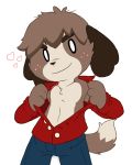  &lt;3 2015 animal_crossing anthro canid canine canis chest_tuft clothed clothing digby_(animal_crossing) dog freckles looking_at_viewer male mammal nintendo oob open_shirt simple_background smile solo standing tuft undressing video_games white_background 