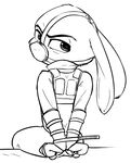 2016 alec8ter angry anthro bdsm black_and_white bondage bound clothed clothing disney ears_down female glare hands_behind_back hands_tied judy_hopps lagomorph looking_at_viewer mammal monochrome muzzle_(object) muzzle_gag rabbit rear_view simple_background sitting solo uniform white_background zip_tie zootopia 