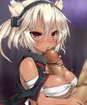  1girl bare_shoulders breasts dark_skin decensored glasses headgear huge_penis kantai_collection licking musashi_(kantai_collection) paizuri paizuri_under_clothes penis personification pointy_hair precum red_eyes sarashi shigeryun short_hair solo_focus tsurime uncensored white_hair 