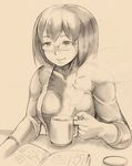  book coffee coffee_mug cup glasses hyuuga_(kantai_collection) kamizono_(spookyhouse) kantai_collection monochrome mug open_book reading short_hair sitting skin_tight smile solo steam table undershirt upper_body 