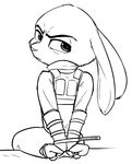  2016 alec8ter angry anthro bdsm black_and_white bondage bound clothed clothing disney ears_down female frown glare hands_behind_back hands_tied judy_hopps lagomorph looking_at_viewer mammal monochrome rabbit rear_view simple_background sitting solo uniform white_background zip_tie zootopia 