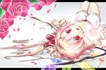  blonde_hair bloomers blush crystal fang flandre_scarlet flower gradient gradient_background letterboxed looking_at_viewer lying musao on_back open_mouth petals red_eyes rose side_ponytail solo topless touhou underwear upside-down wings 
