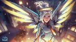  blonde_hair collaboration commentary english_commentary jonathan_hamilton lisa_buijteweg looking_to_the_side mechanical_halo mechanical_wings mercy_(overwatch) overwatch pantyhose parted_lips solo wings yellow_wings 