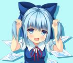  :d alternate_hairstyle bad_id bad_pixiv_id blue_background blue_eyes blue_hair bow bowtie bunching_hair cirno fang hair_bow hair_ribbon highres ice ice_wings looking_at_viewer open_mouth ribbon short_hair simple_background smile solo tonchan touhou two_side_up wings 