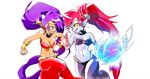  absurdres artist_request bandeau battle blue_eyes blue_skin bracer breasts choker cleavage dark_persona dual_persona duel earrings fang grin harem_outfit harem_pants highres jewelry long_hair magic medium_breasts midriff multiple_girls navel nega-shantae pants pointy_ears ponytail purple_hair red_hair shantae:_risky's_revenge shantae_(character) shantae_(series) smile spoilers strapless tiara very_long_hair yellow_eyes 