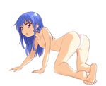  all_fours ass barefoot blue_hair flat_chest highres hinanawi_tenshi long_hair nibi nipples panties pink_eyes pink_panties soles solo topless touhou underwear underwear_only 