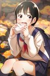  backpack bag black_eyes black_hair black_legwear blue_skirt food holding holding_food kneehighs long_sleeves makino_(katasumi) open_mouth original pleated_skirt school_uniform serafuku shirt sitting skirt solo white_shirt 