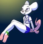  akunim anklet anthro bald bottom_heavy breasts buckteeth clothing eyewear female fishnet glasses glowstick jewelry mammal mouse nipples olga_hulhova rodent shorts simple_background sketch slim small_breasts smile solo teeth thick_tail 