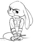  2016 alec8ter angry anthro bdsm black_and_white bondage bound clothed clothing disney ears_down female gag glare hands_behind_back hands_tied judy_hopps lagomorph looking_at_viewer mammal monochrome rabbit rear_view simple_background sitting solo tape tape_gag uniform white_background zip_tie zootopia 