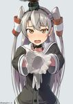  :d amatsukaze_(kantai_collection) blush brown_eyes choker commentary_request fang giving gloves gloves_removed grey_background hair_tubes hinami_(hinatamizu) holding holding_gloves kantai_collection long_hair looking_at_viewer open_mouth school_uniform serafuku sexually_suggestive silver_hair simple_background single_glove smile smoke solo steam sweat two_side_up visible_air yonic_symbol 