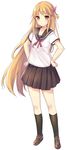  black_legwear blonde_hair blush full_body furrowed_eyebrows hair_ribbon hands_on_hips jpeg_artifacts kneehighs loafers long_hair mokyu orange_eyes pleated_skirt ribbon school_uniform serafuku shoes simple_background skirt solo standing very_long_hair white_background 