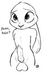  2016 alec8ter animal_genitalia animal_penis anthro balls big_eyes black_and_white canine_penis chest_tuft crossgender dialogue disney ears_down hands_behind_back judy_hopps knot lagomorph looking_at_viewer male mammal monochrome nude penis puppy_eyes rabbit simple_background smile solo tuft vein veiny_penis white_background zootopia 