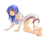  all_fours alternate_costume ass barefoot blue_hair downblouse flat_chest highres hinanawi_tenshi long_hair nibi nipple_slip nipples no_hat no_headwear panties pink_eyes pink_panties see-through shirt shorts soles solo touhou underwear upshorts 