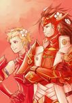  1girl armor blonde_hair brown_hair crimson_(fire_emblem_if) crossed_arms fire_emblem fire_emblem_if flower freckles gauntlets gloves hair_flower hair_ornament hairband long_hair ryouma_(fire_emblem_if) sanxian short_hair 