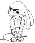  2016 alec8ter angry anthro ball_gag bdsm black_and_white bondage bound clothed clothing disney drooling ears_down female gag glare hands_behind_back hands_tied judy_hopps lagomorph looking_at_viewer mammal monochrome rabbit rear_view saliva simple_background sitting solo uniform white_background zip_tie zootopia 