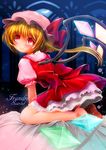  anetarou barefoot blonde_hair character_name crystal dress flandre_scarlet hat hat_ribbon looking_at_viewer looking_back mob_cap puffy_sleeves red_eyes ribbon short_sleeves side_ponytail sitting smile solo sparkle touhou typo wings 