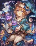  blonde_hair blue_eyes cup granblue_fantasy hat long_sleeves looking_at_viewer male_focus morphe_(granblue_fantasy) nightcap pajamas sandals saucer shigaraki_(strobe_blue) smile smoke solo teacup teapot 