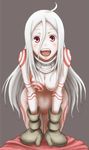  ahoge albino bodysuit breasts collar colored_eyelashes deadman_wonderland gloves highres long_hair medium_breasts mittens navel open_mouth red_eyes shiro_(deadman_wonderland) silver_hair skin_tight smile solo very_long_hair white_hair you_(maumauyo) 