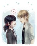  1girl adrien_agreste black_hair blonde_hair blue_eyes earrings heart jewelry marinette_dupain-cheng miraculous_ladybug myetie open_mouth sleeves_folded_up smile spoken_heart star twintails 