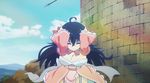  animated bare_shoulders black_hair bouncing bouncing_breasts bow breasts cleavage explosion eyes_closed frills garter_straps hair_bow hair_ribbons large_breasts long_hair netoge_no_yome_wa_onna_no_ko_janai_to_omotta? running tamaki_ako thighhighs white_legwear wide_sleeves 