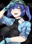  blue_eyes blue_hair blush breasts covered_nipples gloves goggles goggles_on_headwear hat highres huge_breasts impossible_clothes impossible_shirt kawashiro_nitori nicutoka no_bra open_mouth shirt solo steam sweat touhou unaligned_breasts 