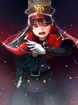  :d bad_id bad_pixiv_id belt black_hair cape commentary_request cowboy_shot family_crest fate_(series) gloves hand_on_hip hat hat_ornament highres ichiren_namiro koha-ace long_hair long_sleeves looking_at_viewer military military_uniform oda_nobunaga_(fate) oda_uri open_mouth peaked_cap red_eyes smile solo uniform white_gloves 