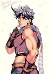  battle_tendency finger_to_mouth fingerless_gloves from_behind gloves green_eyes jojo_no_kimyou_na_bouken joseph_joestar_(young) looking_back male_focus muscle one_eye_closed purple_hair scarf solo star starry_background striped striped_scarf sujiko_(125motimoti) translation_request upper_body 