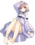  barefoot blonde_hair bloomers blush bow breasts choker dress full_body hand_on_own_head jpeg_artifacts mokyu red_eyes ribbon_choker short_hair simple_background small_breasts solo underwear white_background 