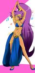  armpits arms_up bikini_top blue_eyes breasts bridgeless_bra cleavage dancer dancing dark_skin earrings groin highres jewelry legs loincloth long_hair medium_breasts midriff navel no_socks pelvic_curtain pointy_ears ponytail purple_hair shantae_(character) shantae_(series) shoes showgirl_skirt smile solo stalemeat tiara very_long_hair 