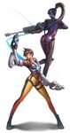  absurdres ass banned_artist bodysuit contrapposto gun hand_up head_mounted_display highres long_hair multiple_girls orange_bodysuit overwatch ponytail purple_skin rifle shadow shoes short_hair skin_tight sniper_rifle standing tracer_(overwatch) very_long_hair weapon wedgie white_background widowmaker_(overwatch) yinan_cui 