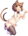  :d animal_ears bikini black_legwear brown_hair cat_ears cat_tail fang hair_ornament jpeg_artifacts mokyu multiple_tails navel open_mouth paw_pose paw_shoes shoes short_hair side-tie_bikini simple_background smile solo swimsuit tail thighhighs white_background x_hair_ornament yellow_eyes 