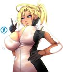  blonde_hair blue_eyes blush breasts cleavage hand_on_hip large_breasts mercy_(overwatch) nikuku_(kazedesune) overwatch ponytail simple_background solo sweatdrop white_background 