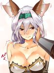  1girl abo_(hechouchou) afterimage animal_ears arm_guards armor bare_shoulders black_gloves blush breastplate breasts brooch cat_ears cleavage collarbone crossed_arms dog_ears ear_wiggle elbow_gloves erune full-face_blush gem gloves granblue_fantasy hair_between_eyes hair_intakes hand_on_another's_cheek hand_on_another's_face headband heles jewelry large_breasts lavender_hair looking_away looking_down motion_lines pov red_eyes sapphire_(stone) shiny shiny_skin short_hair simple_background solo_focus strapless tsurime upper_body white_background 