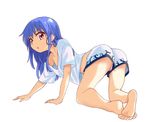  all_fours alternate_costume ass barefoot blue_hair downblouse flat_chest highres hinanawi_tenshi long_hair nibi nipple_slip nipples no_hat no_headwear panties pantyshot pink_eyes pink_panties shirt shorts soles solo touhou underwear upshorts 